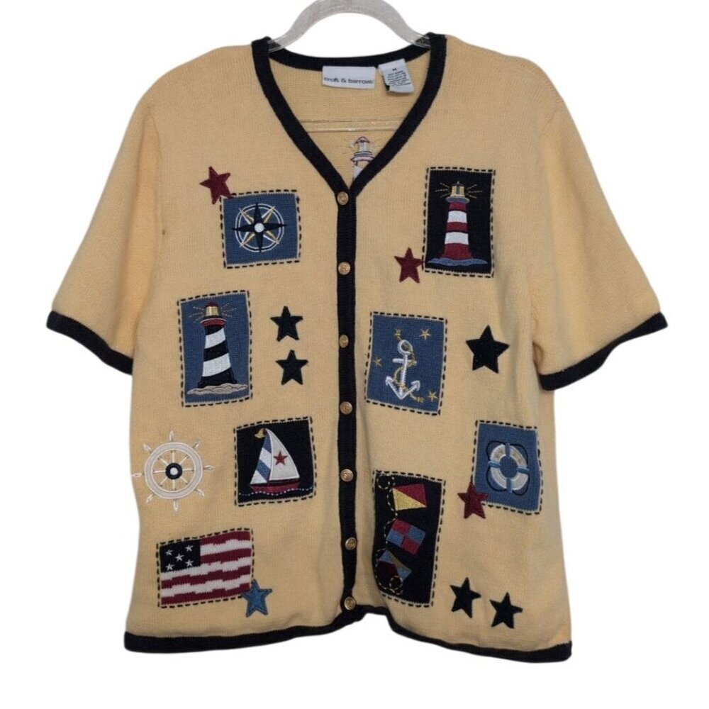 Croft & Barrow Embroidered Nautical Sweater Womens Size Medium Yellow Knit